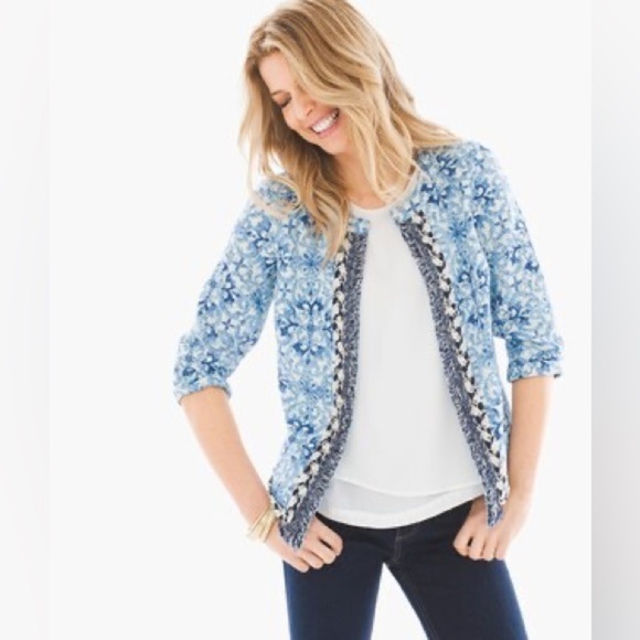 Chicos Jacket Womens 1 Blue Abstract Linen Fringe‎ Trim Open Boho Artsy - Picture 1 of 11